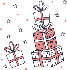 Vector illustration of festive Christmas gift boxes with bows and ribbons, decorated with snowflakes, perfect for holiday celebrations