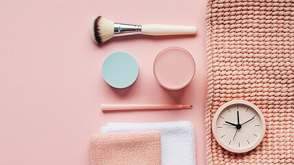 Naklejka premium Beauty Essentials A Flat Lay of Makeup, Skincare, and Time