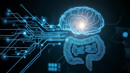 A computer screen shows a brain and a stomach. Clean infographic illustration with gut icon, brain icon, and electric connection line, gut brain axis, minimal sci-tech style - Powered by Adobe