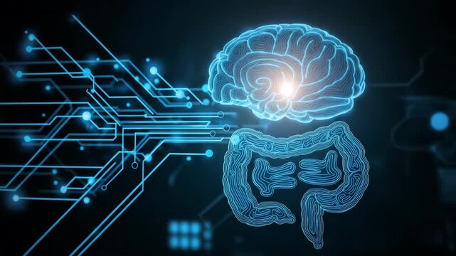A computer screen shows a brain and a stomach. Clean infographic illustration with gut icon, brain icon, and electric connection line, gut brain axis, minimal sci-tech style