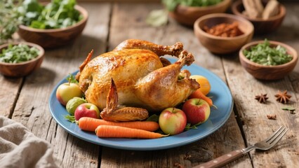 Roasted Chicken with Apples and Carrots on a Rustic Wooden Table