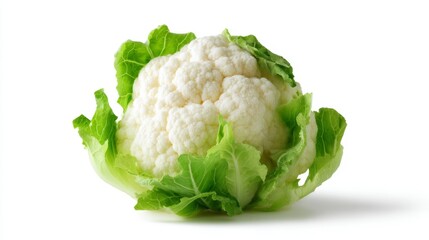 Fresh cauliflower with vibrant green leaves creates a beautiful contrast. This image showcases natural beauty and healthy eating. Perfect for cookbooks or blogs. AI