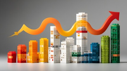 Creative and playful photograph of a city skyline and bar chart made from colorful toy building blocks, with wavy arrows indicating growth, symbolizing business development.