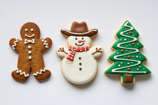 Three christmas cookies in a row gingerbread man, snowman with cowboy hat, and decorated christmas tree isolated on white background