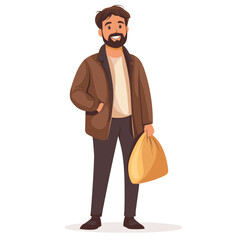 Casual Man Holding Baguette and Grocery Bag