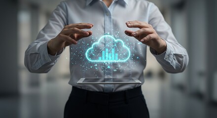 Businesswoman showcases digital cloud data analytics, visualizing growth and innovation with technology