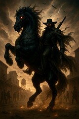 Fototapeta premium Dark fantasy illustration of a mysterious outlaw cowboy riding a black horse with glowing eyes through a stormy western town. Dramatic atmosphere with fire sparks, lightning, and eerie cinematic 