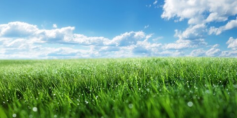 Obraz premium The Grass Field Bathed in Morning Dew Under a Vast Blue Cloudy Sky