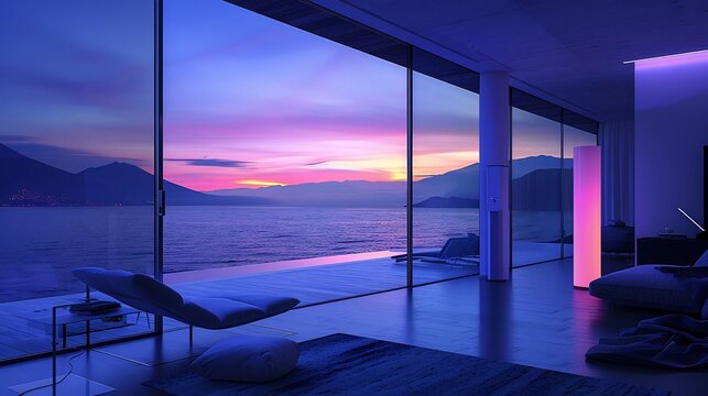 Luxury Minimalist Smart Home Living Room with Panoramic View and Vivid Purple and Blue Ambient Lighting