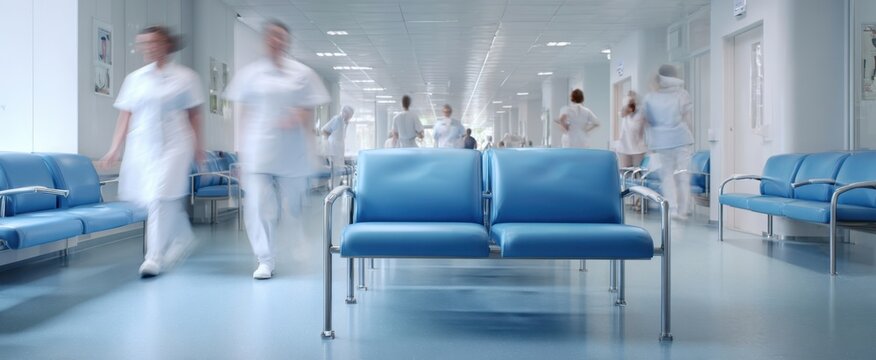 The blue waiting chairs in a busy modern hospital corridor with nurses moving quickly