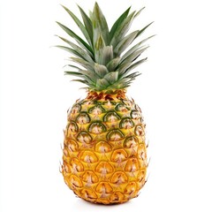 Single pineapple, vibrant yellow rind, bright green leaves, isolated on white background