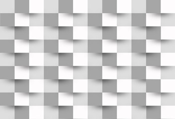seamless, abstract background featuring a three-dimensional grid of alternating light and dark gray squares. The design creates an optical illusion of raised and indented surfaces, soft shadows.