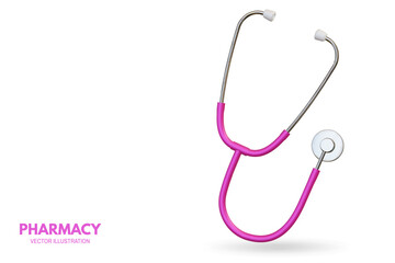 Pharmacy poster, banner with 3d Realistic medical stethoscope. Advertising for hospital or pharmaceutical company. Sign for pharmacy. Vector illustration