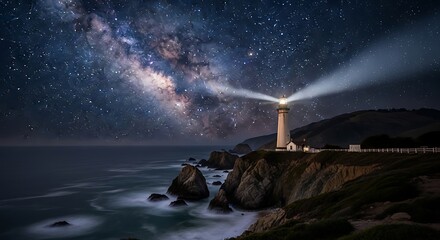 A majestic lighthouse stands tall against the backdrop of a breathtaking night sky, illuminated by countless stars and the ethereal glow of the milky way, casting a serene beam across the vast ocean