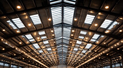 Interior view of a large industrial building with skylights and lighting fixtures.