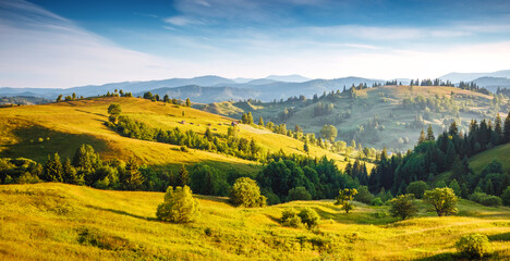 A magical view of green hills and valleys illuminated by the morning light. Carpathian mountains,...