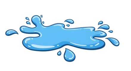 Vector illustration of a spilled blue liquid puddle. Cartoon style water splash with droplets, an isolated graphic element for design