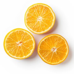Three orange slices arranged atop a white surface