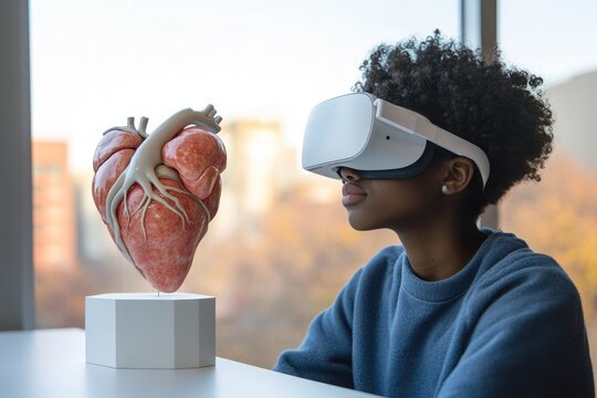 A young person wearing a VR headset examines a detailed anatomical heart model, exploring medical education through immersive technology.