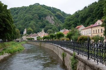 Fototapeta premium Picturesque river winding through a European village nestled in a lush valley