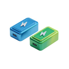 Two small portable power bank battery chargers in blue and green with lightning bolt symbols isolated on transparent background