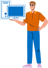 Smiling technician holding desktop computer and monitor