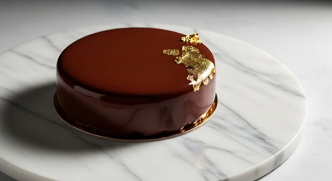 Elegant chocolate mirror glaze mousse cake decorated with gold leaf on a marble plate. - Powered by Adobe