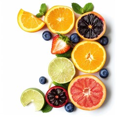 Fototapeta premium Colorful fruit slices and berries arranged artfully on a white background