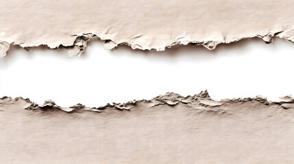 Realistic close-up of a light brown torn paper strip with textured, rough edges, revealing a clean white background, ideal for creative design and informational overlays