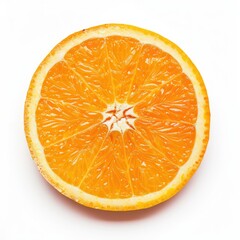 Close-up of an orange slice, vibrant orange flesh, segmented, and a white interior