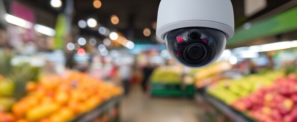 The security camera watching a colorful supermarket produce aisle for safety and monitoring