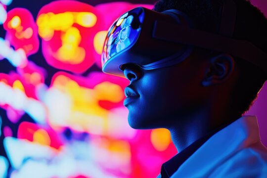 A person wearing a VR headset observes a vibrant, colorful medical image.