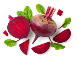 Fresh beetroot slices and leaves