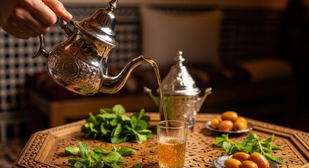 Traditional Moroccan Mint Tea Ceremony: Pouring Tea into a Glass with Dates