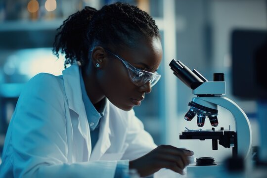 A female scientist meticulously examines a sample under a microscope in a modern laboratory setting.