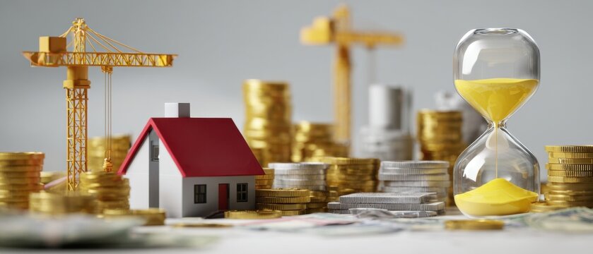 The House Model Surrounded by Stacks of Coins, Cranes and an Hourglass