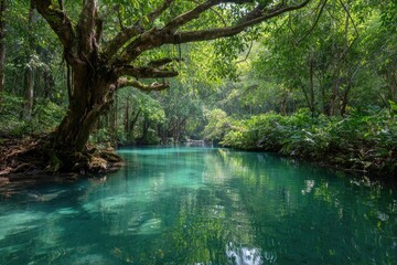 Tranquil emerald waterway, lush forest canopy
