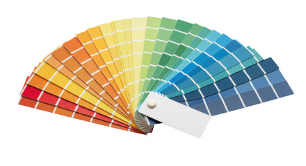 Obraz premium A vibrant fan-shaped color swatch palette displaying reds, oranges, yellows, blues, greens, grays, with blank copy space, isolated on a transparent background. Concept of design precision and