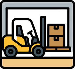 Flat Vector Illustration of Yellow Forklift with Cargo Boxes in Warehouse – Logistics, Shipping, Industrial Equipment Concept