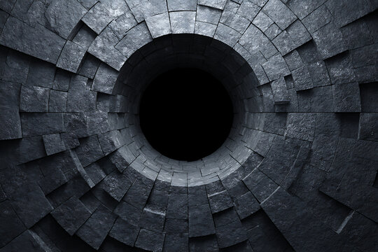 Dark gray background with mosaic texture and circular hole in center, black stone wall hexagonal pattern abstract 3d rendering illustration wallpaper design element.