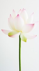 Blooming lotus flower with pink and white petals centered on pure white background featuring upright green stem for simple elegant floral composition