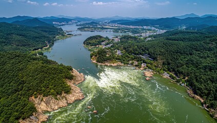River rapids flanked by lush hills