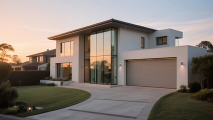 Fototapeta premium Modern White Two-story House with Large Glass Windows in Suburban Neighborhood at Sunset