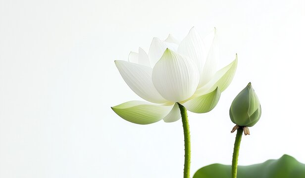 White lotus flower blooming with two buds against clean white background symbolizing purity, spiritual awakening, and natural elegance