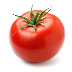 Single, ripe tomato, vibrant red, smooth skin, green stem (1)