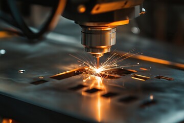 Industrial laser welding machine with sparks on metal plate in factory setting showcasing heavy industry technology and precision manufacturing process