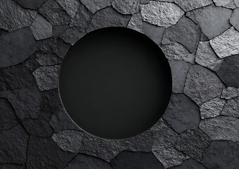 Dark gray background with mosaic texture and circular hole in center, black stone wall hexagonal pattern abstract 3d rendering illustration wallpaper design element.