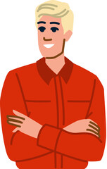 Confident blond man crossing arms and smiling, business success concept