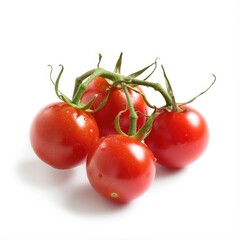 Close-up of a cluster of ripe, red cherry tomatoes on stems, against a white background