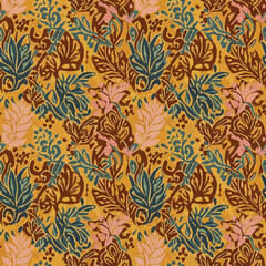 Seamless Pattern, Abstract floral pattern with botanical elements in earthy tones of brown and gold Stock royalty free